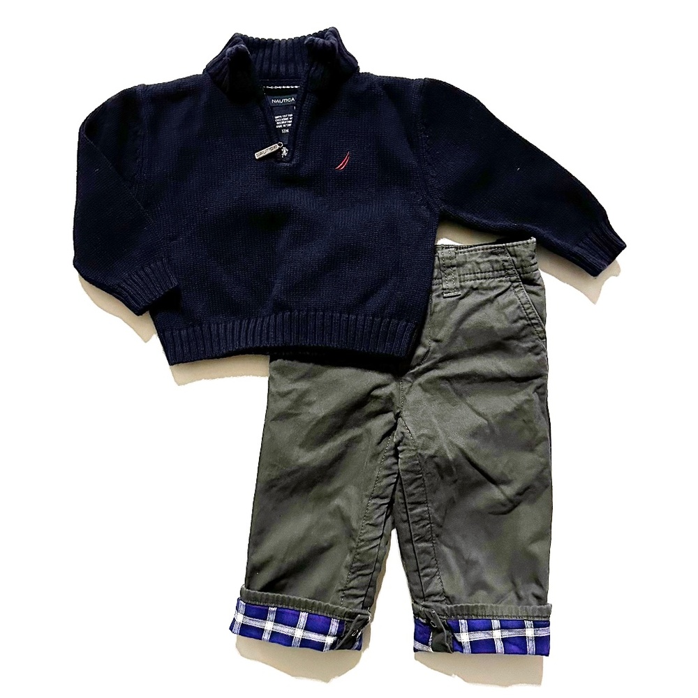 Nautica Zip Sweater & Baby Gap Flannel Lined Gray Chino w/Snaps | 12 months